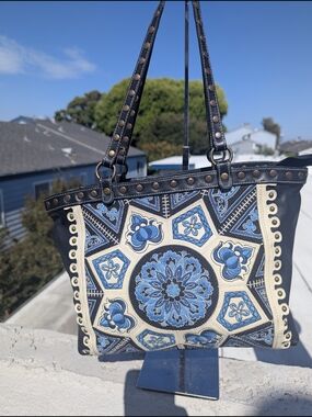 Isabella Fiore Blue and Cream Embroidered Floral Tote